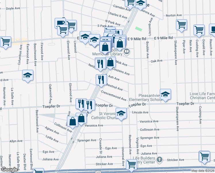 map of restaurants, bars, coffee shops, grocery stores, and more near 15534 Chestnut Avenue in Eastpointe