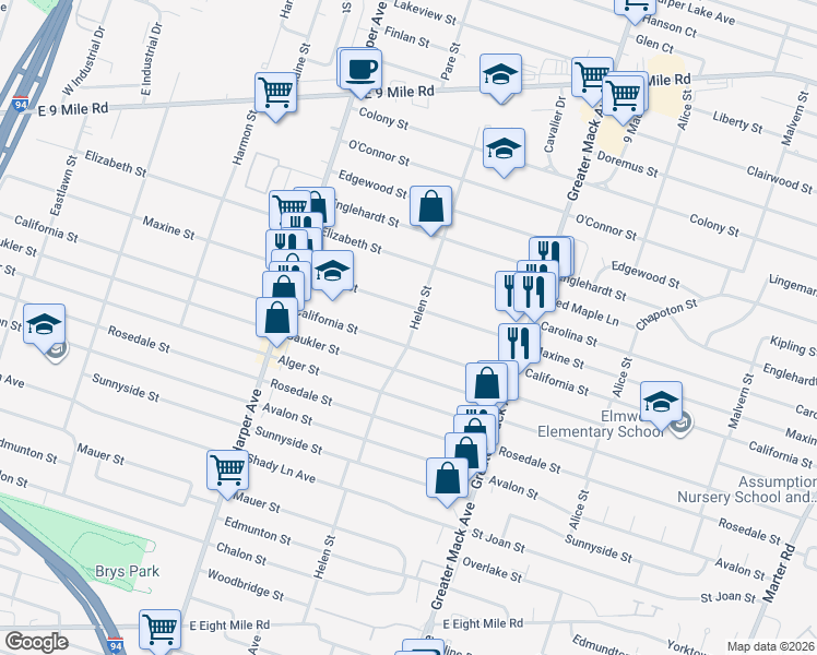 map of restaurants, bars, coffee shops, grocery stores, and more near 21909 California Street in St. Clair Shores