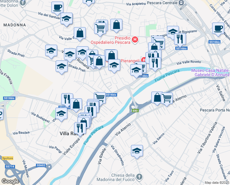 map of restaurants, bars, coffee shops, grocery stores, and more near 343 Via del Circuito in Pescara