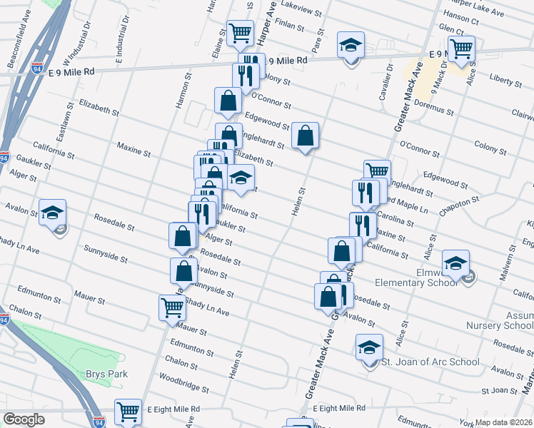 map of restaurants, bars, coffee shops, grocery stores, and more near 21820 California Street in St. Clair Shores
