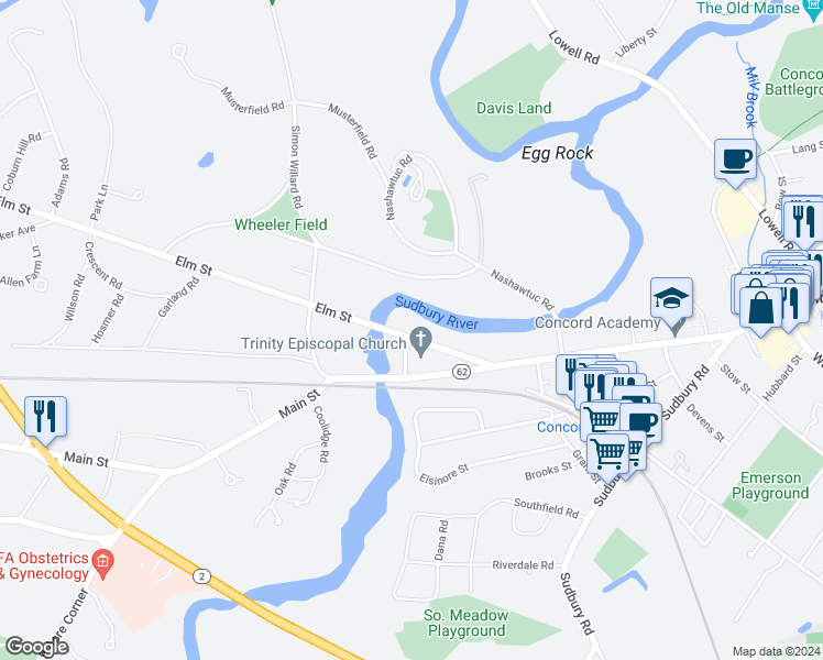 map of restaurants, bars, coffee shops, grocery stores, and more near 94 Elm Street in Concord
