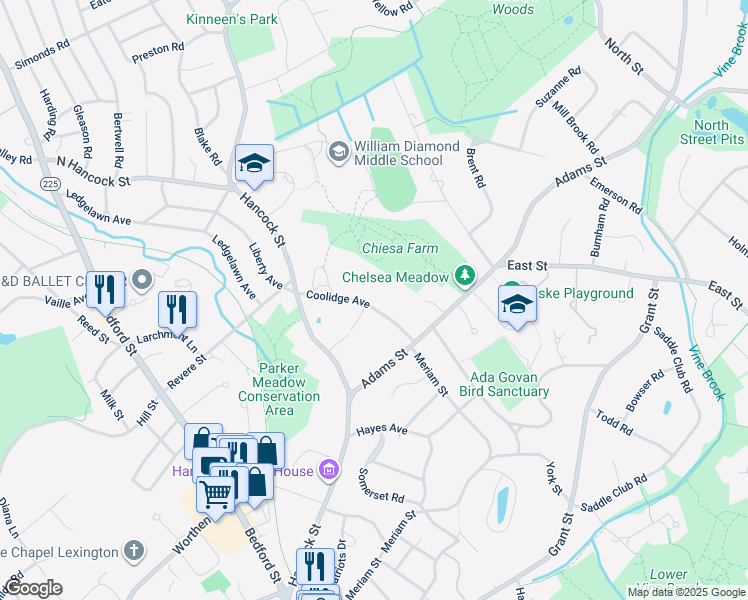 map of restaurants, bars, coffee shops, grocery stores, and more near 31 Coolidge Avenue in Lexington