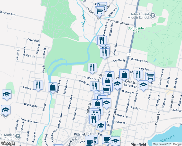 map of restaurants, bars, coffee shops, grocery stores, and more near 1 Beech Street in Pittsfield