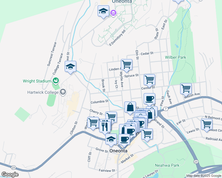 map of restaurants, bars, coffee shops, grocery stores, and more near 31 Center Street in Oneonta