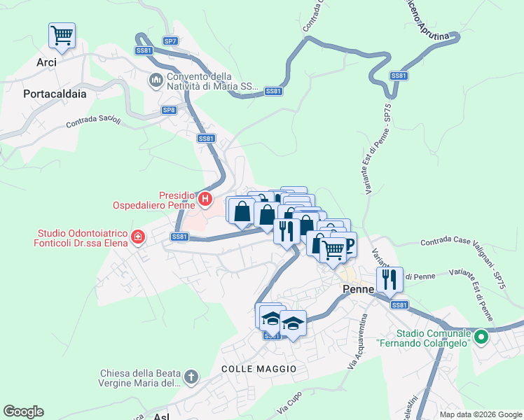 map of restaurants, bars, coffee shops, grocery stores, and more near 71 Via F. Brindisi in Penne