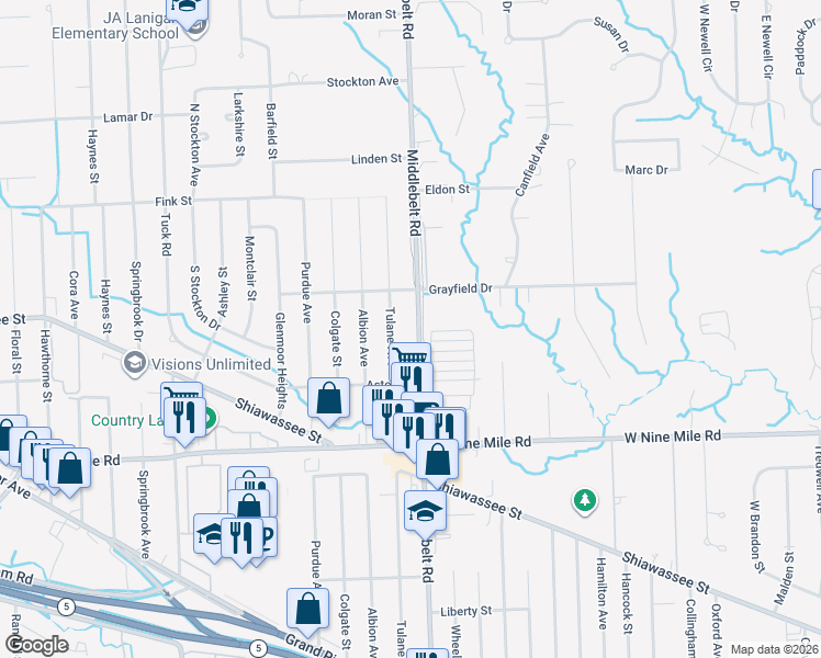 map of restaurants, bars, coffee shops, grocery stores, and more near 22600 C Street in Farmington Hills