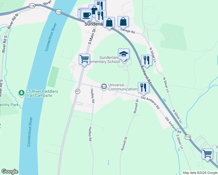 map of restaurants, bars, coffee shops, grocery stores, and more near 39 Old Amherst Road in Sunderland