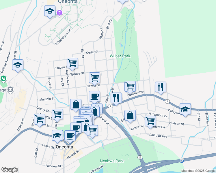 map of restaurants, bars, coffee shops, grocery stores, and more near 40 Pine Street in Oneonta