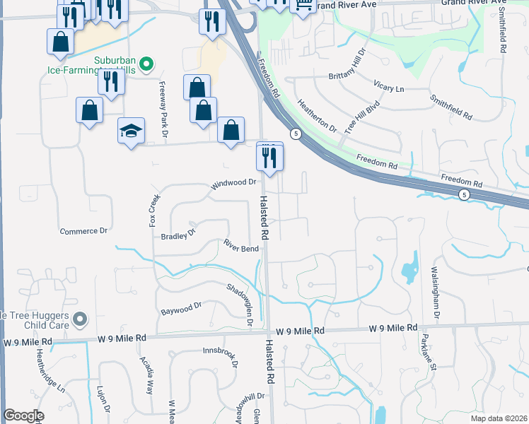 map of restaurants, bars, coffee shops, grocery stores, and more near 23000 Diamond Forest Apartment in Farmington Hills