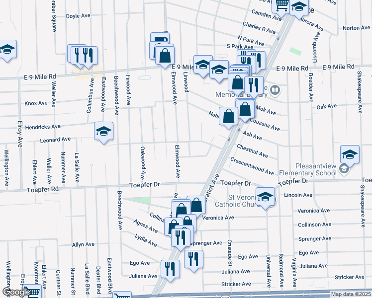 map of restaurants, bars, coffee shops, grocery stores, and more near 21935 Linwood in Eastpointe