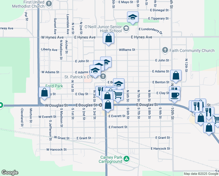 map of restaurants, bars, coffee shops, grocery stores, and more near 204 North 4th Street in O'Neill