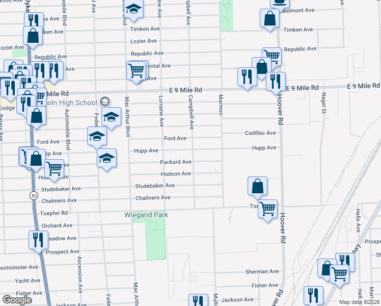 map of restaurants, bars, coffee shops, grocery stores, and more near 11123 Packard Avenue in Warren