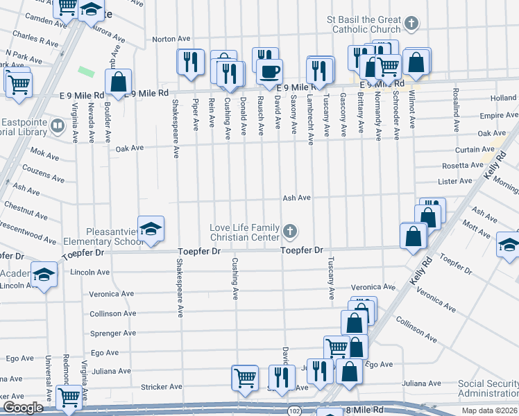 map of restaurants, bars, coffee shops, grocery stores, and more near 21800 Donald Avenue in Eastpointe