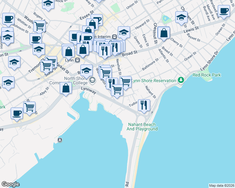 map of restaurants, bars, coffee shops, grocery stores, and more near 99 Newhall Street in Lynn