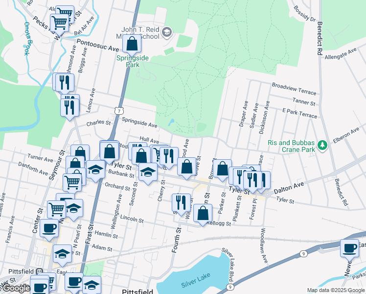 map of restaurants, bars, coffee shops, grocery stores, and more near 125 Stoddard Avenue in Pittsfield