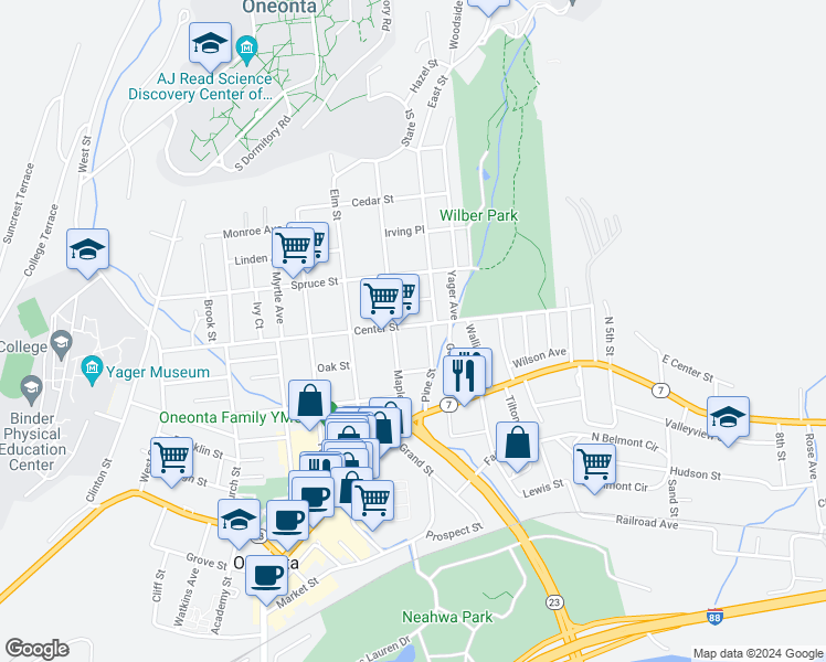 map of restaurants, bars, coffee shops, grocery stores, and more near 28 Maple Street in Oneonta
