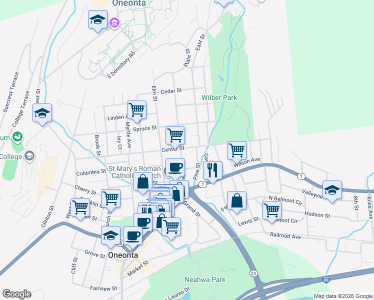 map of restaurants, bars, coffee shops, grocery stores, and more near 28 Maple Street in Oneonta