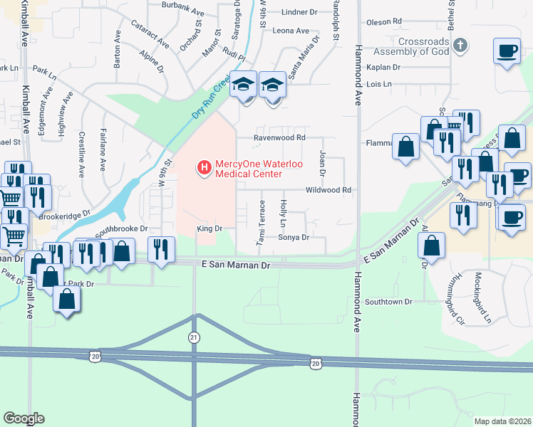 map of restaurants, bars, coffee shops, grocery stores, and more near 3860 Tami Terrace in Waterloo