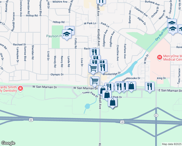 map of restaurants, bars, coffee shops, grocery stores, and more near 44 Brookeridge Drive in Waterloo