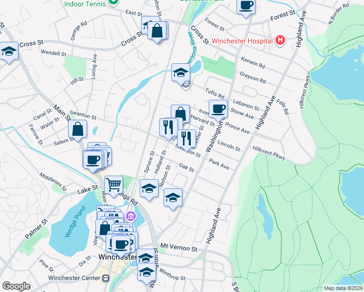 map of restaurants, bars, coffee shops, grocery stores, and more near 46-48 Swanton Street in Winchester