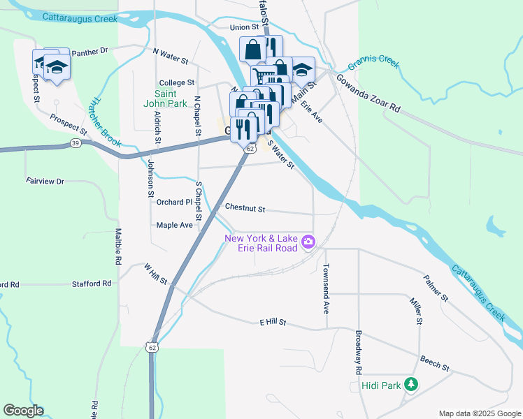 map of restaurants, bars, coffee shops, grocery stores, and more near Chestnut Street in Gowanda