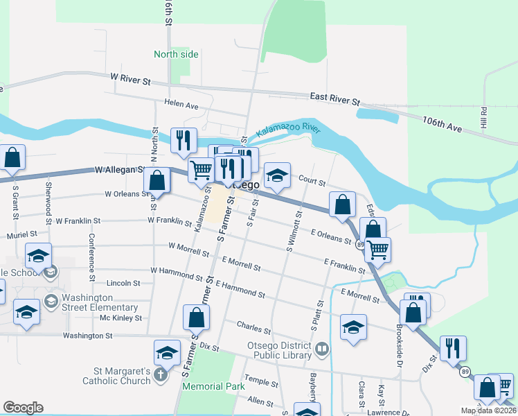 map of restaurants, bars, coffee shops, grocery stores, and more near 214 East Orleans Street in Otsego