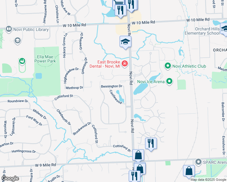map of restaurants, bars, coffee shops, grocery stores, and more near 43488 Castlewood in Novi