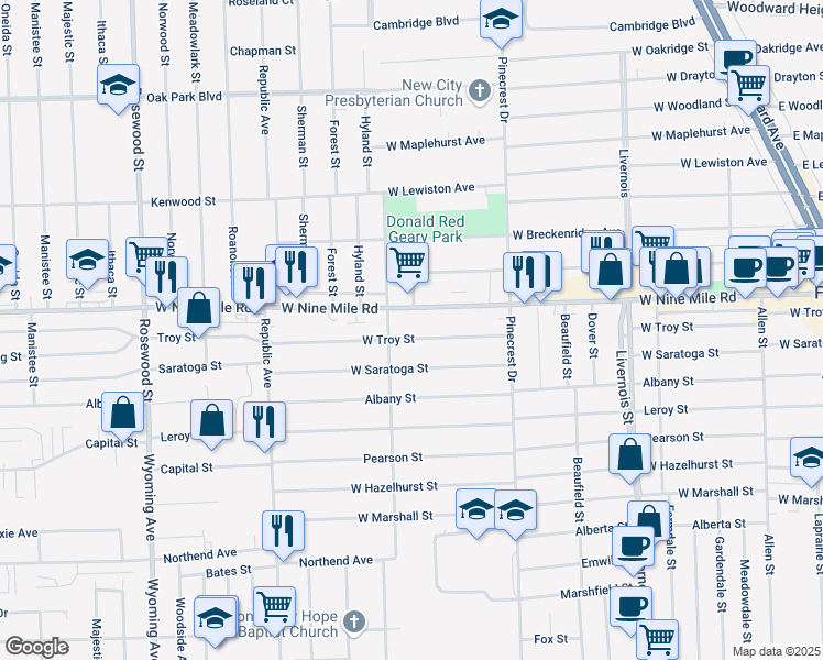 map of restaurants, bars, coffee shops, grocery stores, and more near 1385 West Troy Street in Ferndale