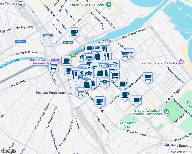 map of restaurants, bars, coffee shops, grocery stores, and more near 33 Via Italica in Pescara