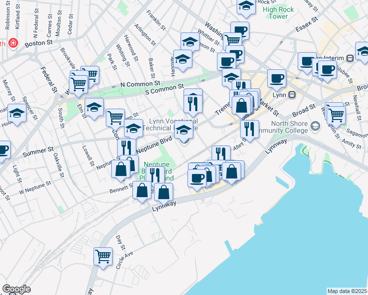 map of restaurants, bars, coffee shops, grocery stores, and more near 80 Neptune Boulevard in Lynn
