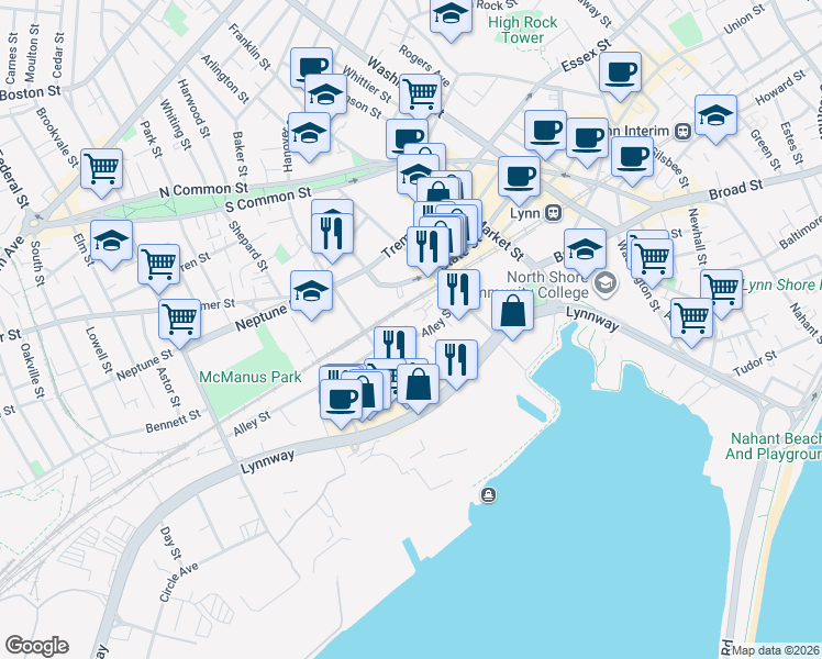 map of restaurants, bars, coffee shops, grocery stores, and more near 150 Blossom Street in Lynn