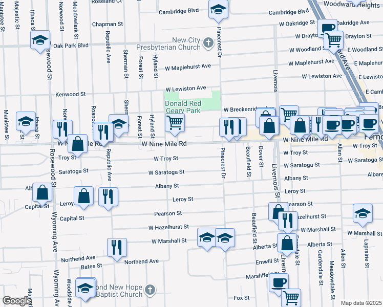 map of restaurants, bars, coffee shops, grocery stores, and more near 1356 West Troy Street in Ferndale
