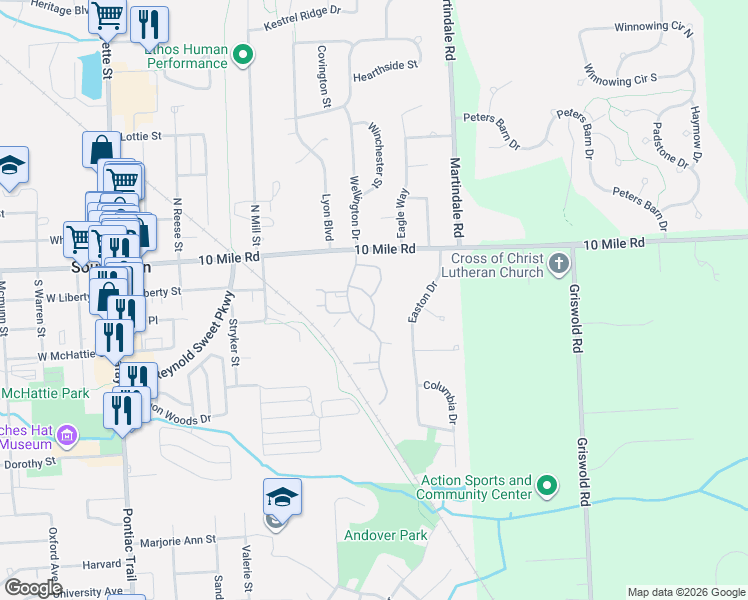 map of restaurants, bars, coffee shops, grocery stores, and more near 221 Oakbrooke Drive in South Lyon