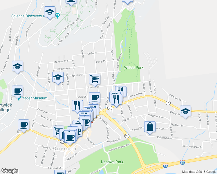 map of restaurants, bars, coffee shops, grocery stores, and more near 96 Center Street in Oneonta