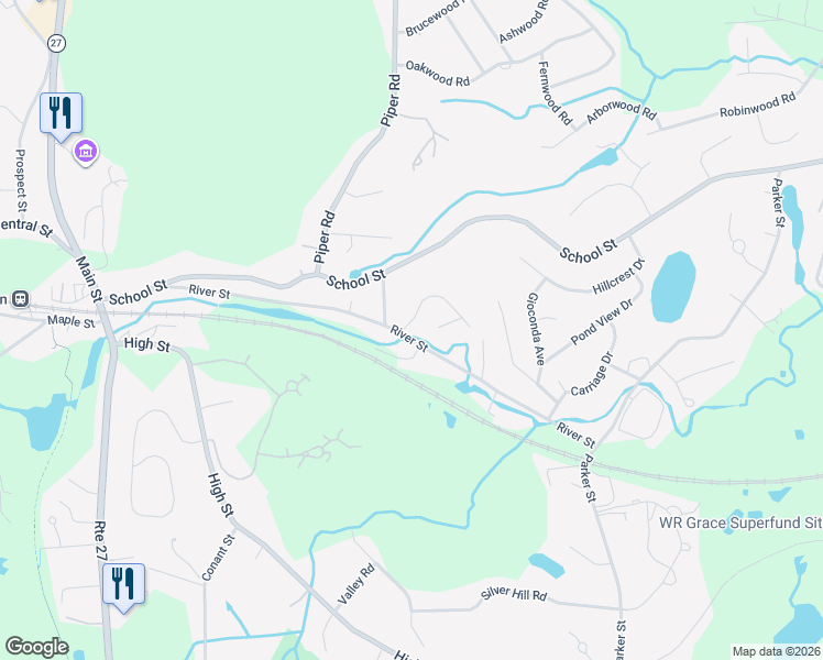 map of restaurants, bars, coffee shops, grocery stores, and more near 91 River Street in Acton