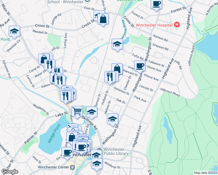 map of restaurants, bars, coffee shops, grocery stores, and more near 7 Holland Street in Winchester