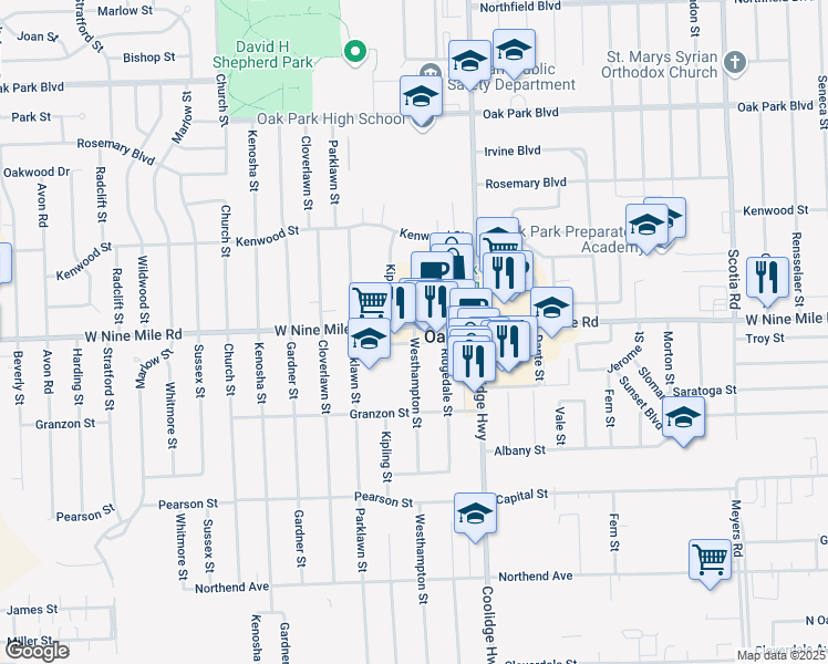 map of restaurants, bars, coffee shops, grocery stores, and more near 22180 Westhampton Street in Oak Park