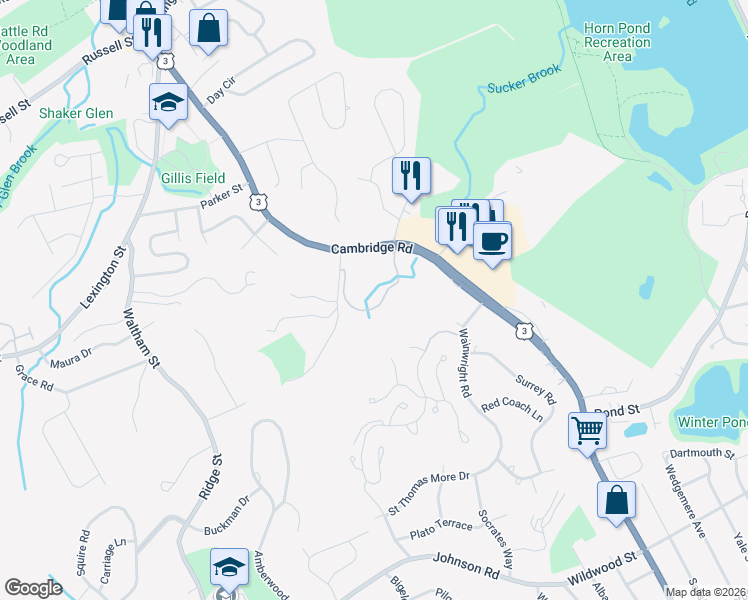 map of restaurants, bars, coffee shops, grocery stores, and more near 273 Cambridge Road in Woburn