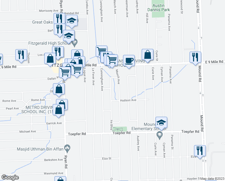 map of restaurants, bars, coffee shops, grocery stores, and more near 22372 Ira Boulevard in Warren