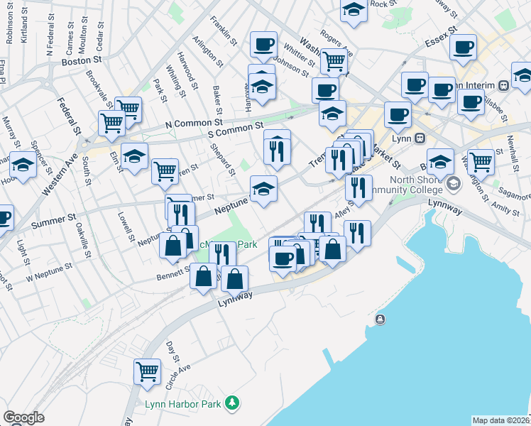 map of restaurants, bars, coffee shops, grocery stores, and more near 150 Shepard Street in Lynn