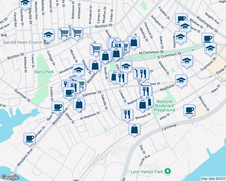 map of restaurants, bars, coffee shops, grocery stores, and more near 93 South Street in Lynn