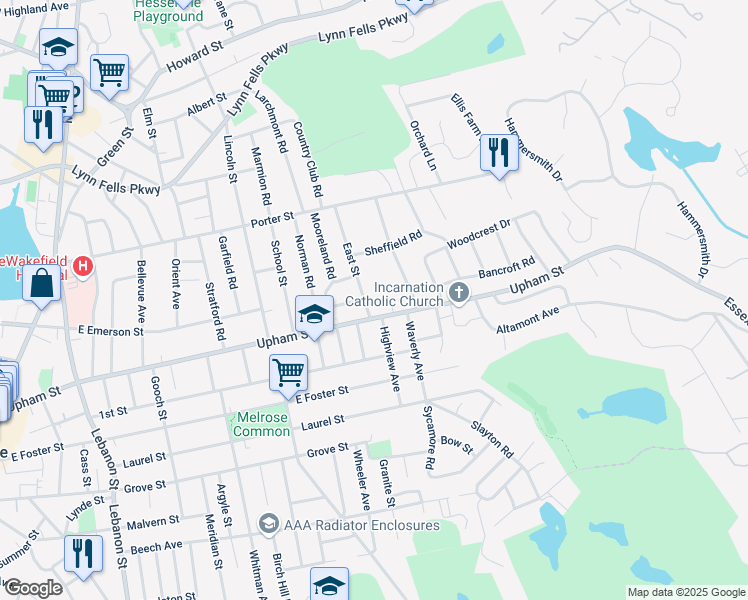 map of restaurants, bars, coffee shops, grocery stores, and more near 332 Upham Street in Melrose