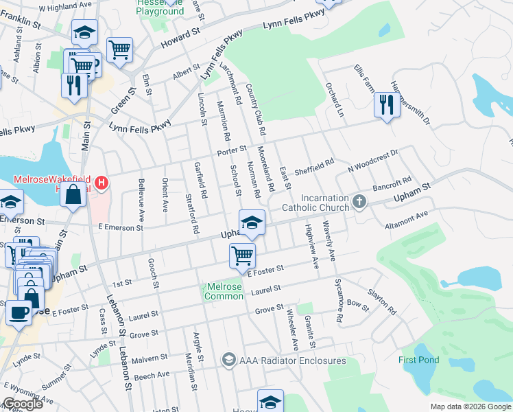 map of restaurants, bars, coffee shops, grocery stores, and more near 15 School Street in Melrose