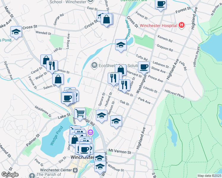 map of restaurants, bars, coffee shops, grocery stores, and more near 57 Oak Street in Winchester
