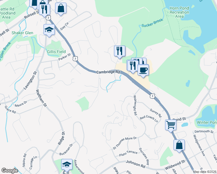 map of restaurants, bars, coffee shops, grocery stores, and more near 273 Cambridge Road in Woburn