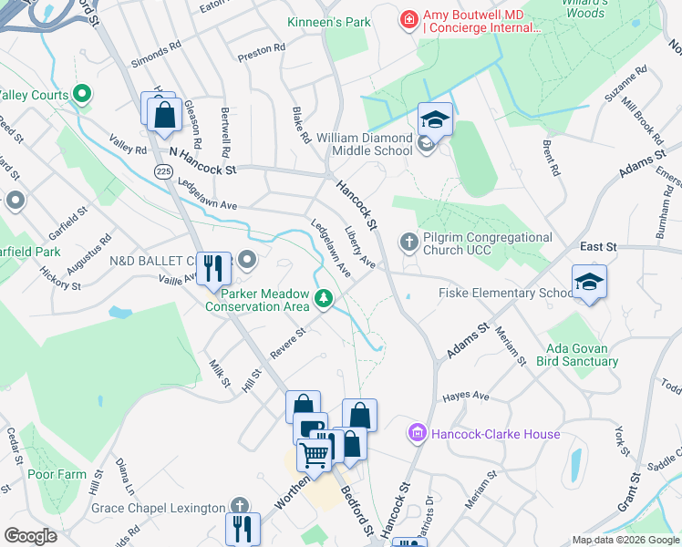 map of restaurants, bars, coffee shops, grocery stores, and more near Minuteman Commuter Bikeway in Lexington