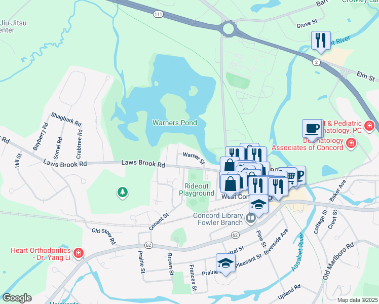 map of restaurants, bars, coffee shops, grocery stores, and more near 27 Buckmaster Drive in Concord