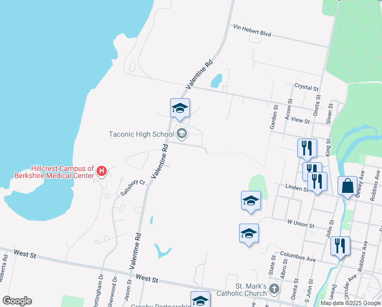 map of restaurants, bars, coffee shops, grocery stores, and more near 96 Valentine Road in Pittsfield