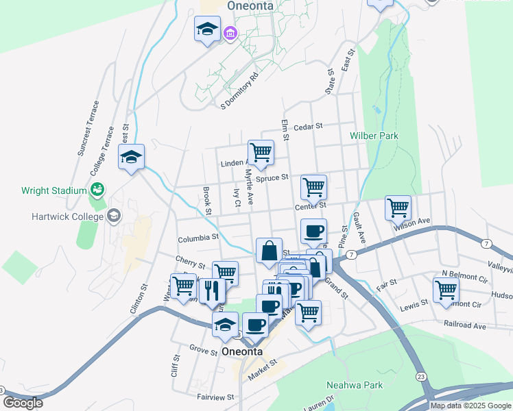 map of restaurants, bars, coffee shops, grocery stores, and more near 80 Dietz Street in Oneonta