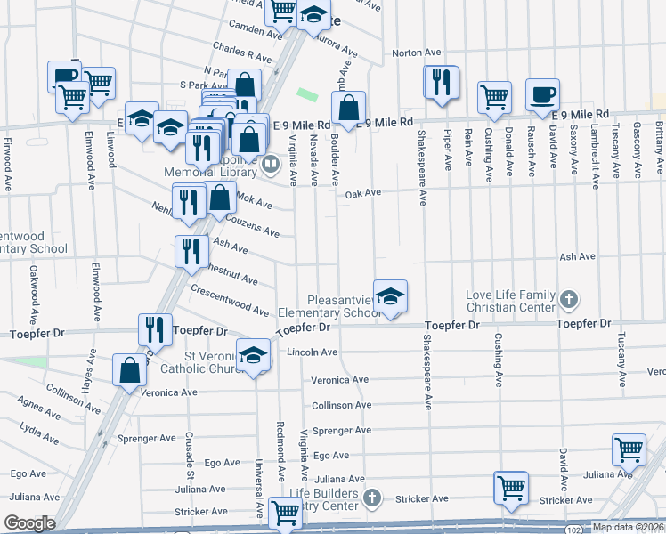 map of restaurants, bars, coffee shops, grocery stores, and more near 21847 Boulder Avenue in Eastpointe